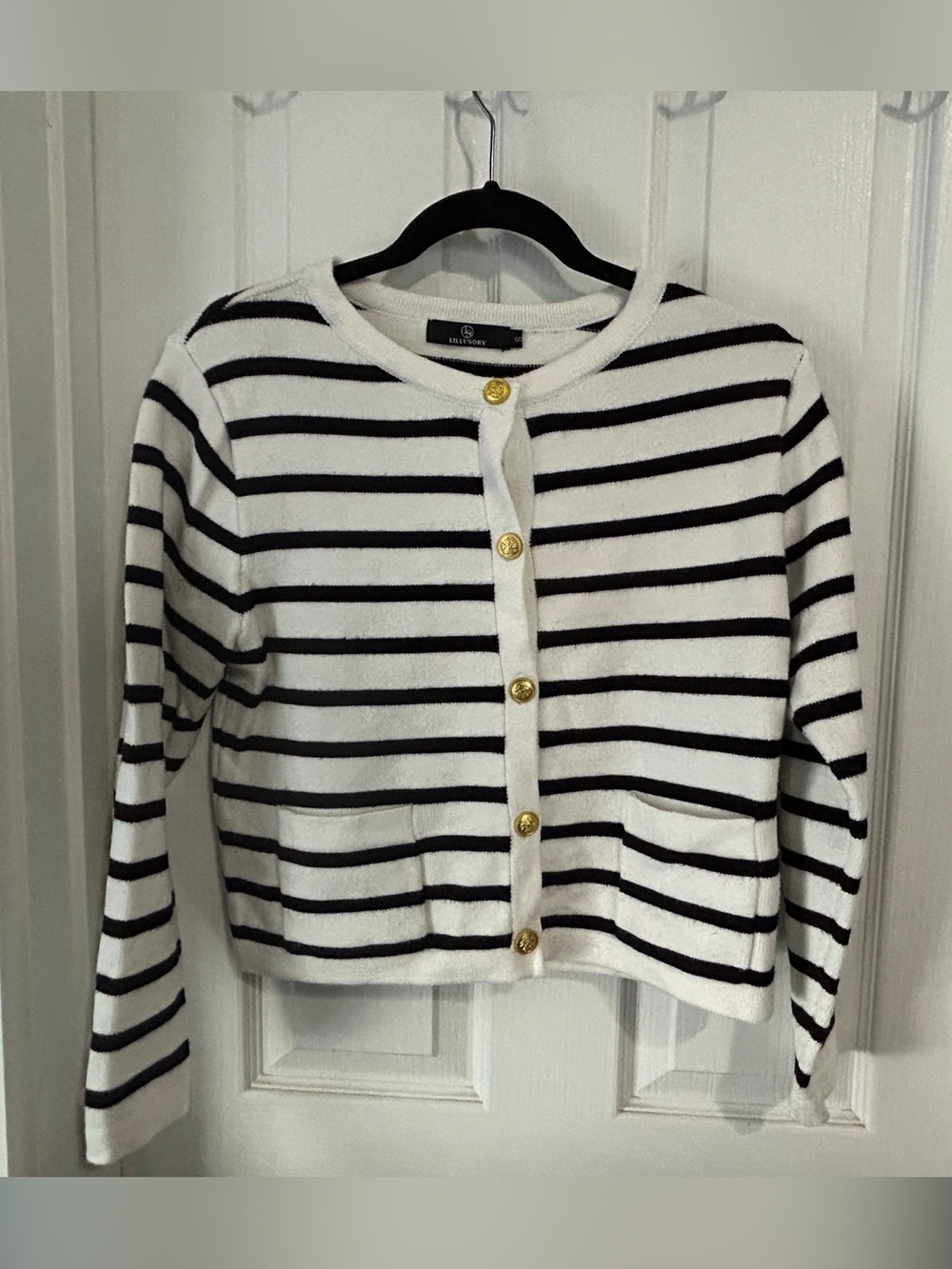 Striped Crewneck Cardigan Sweater - White & Black